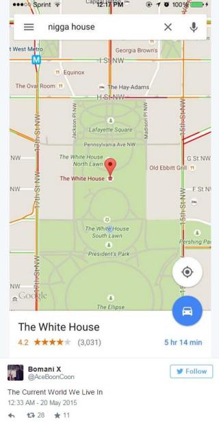 谷歌地图说:白宫是个"黑鬼屋"