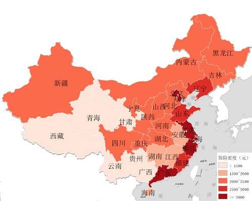北京、上海遥遥领先,沿海地区的保险密度整体