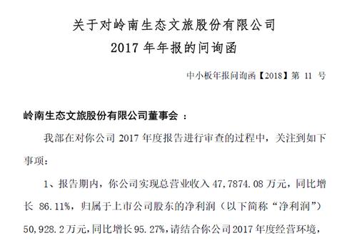 [天眼]岭南股份收年报问询函 净利同比增幅95.27%