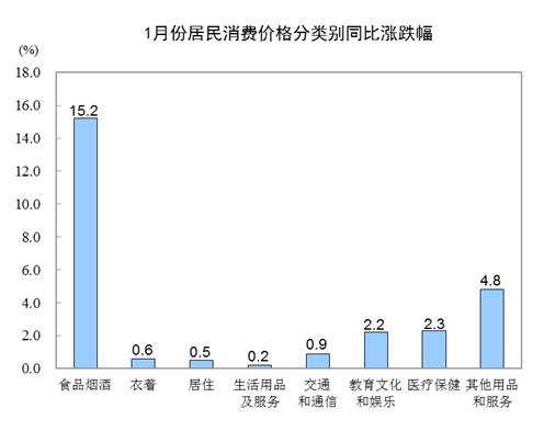 中国1月CPI同比上涨5.4% 猪肉价格上涨116.0%