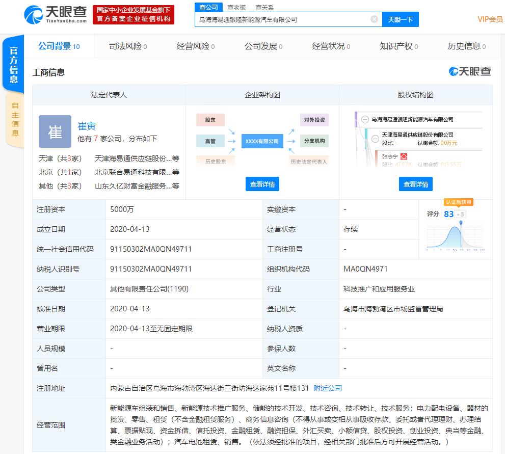 银隆新能源联合海易通成立新公司 注册资本5000万元