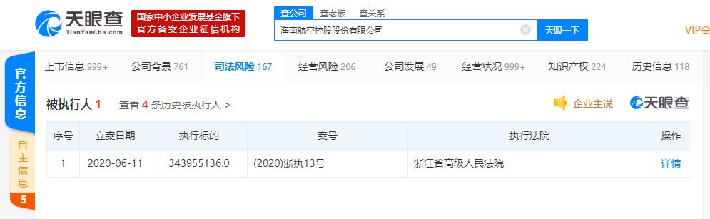 海南航空控股股份有限公司被列为被执行人 执行标的超3.4亿