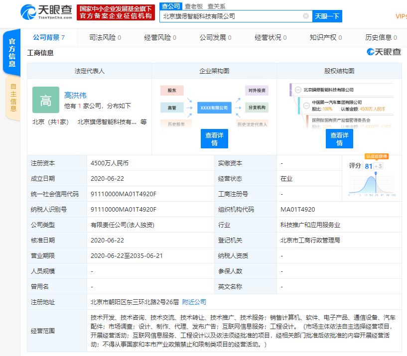 中国第一汽车集团有限公司成立旗偲智能科技公司 注册资本4500万人民币