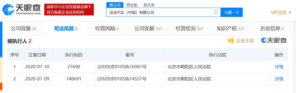 法法汽车（中国）有限公司成被执行人