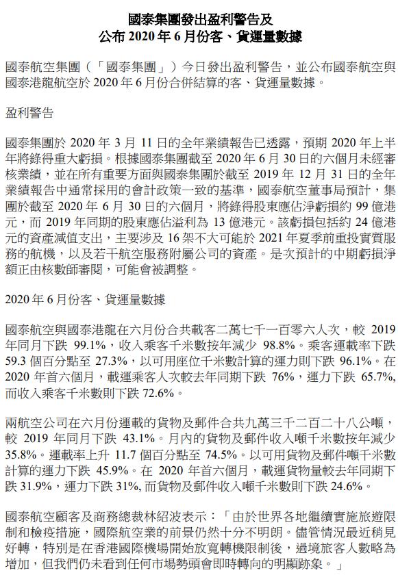 国泰航空6月载客人次同比减少99%