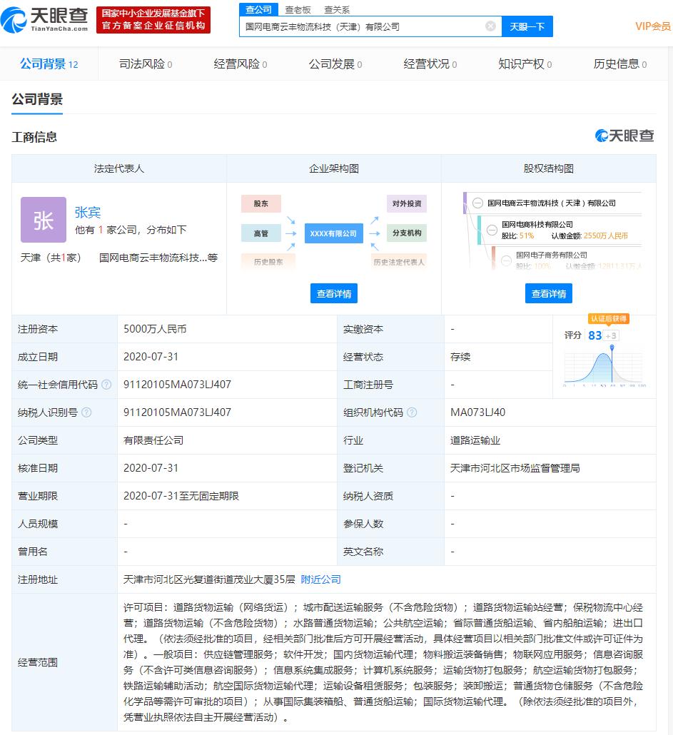 国家电网、顺丰控股子公司合资成立新公司 注册资本5000万人民币