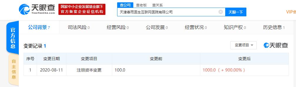 工商变更：春雨医生对其天津子公司增资900万元