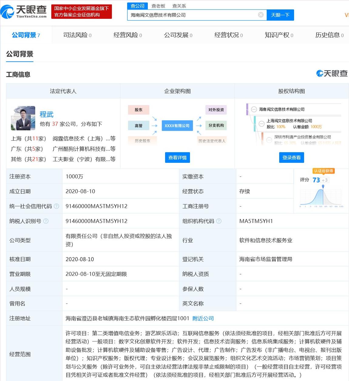 阅文在海南成立新公司，注册资本1000万