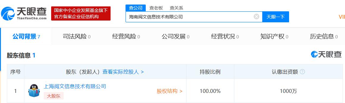 阅文在海南成立新公司，注册资本1000万