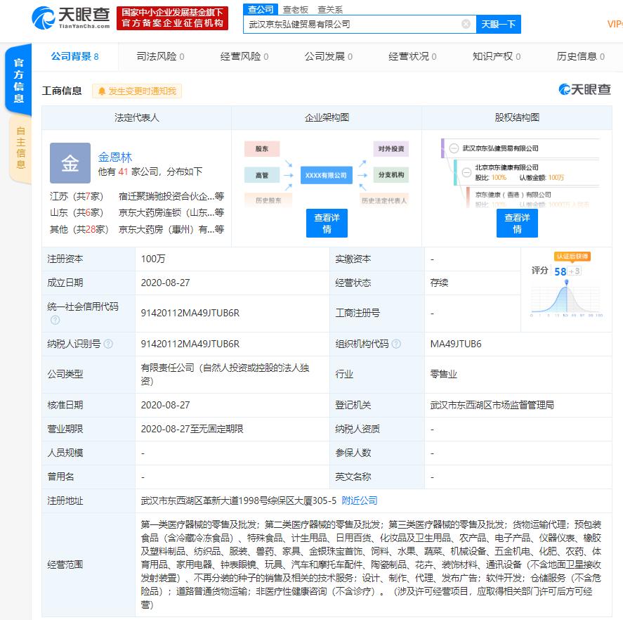 北京京东健康有限公司在武汉成立贸易新公司 经营范围含医疗器械的零售及批发
