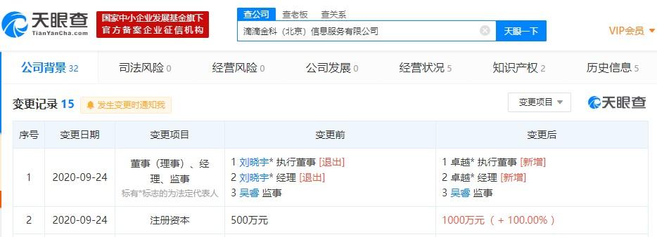 滴滴金科（北京）信息服务有限公司注册资本新增至1000万元，增幅为100%