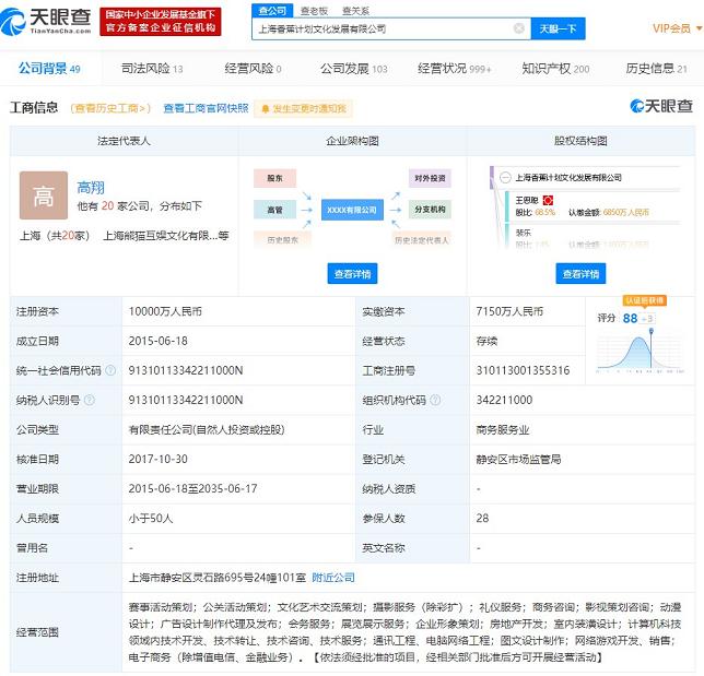 王思聪所持上海香蕉计划文化发展有限公司股权已解除冻结 数额为6850万人民币