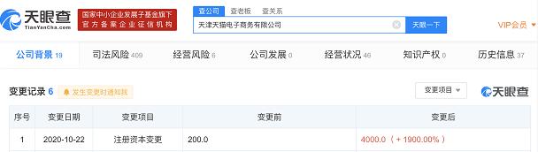 天津天猫电子商务有限公司注册资本增至4000万人民币 增幅达1900%