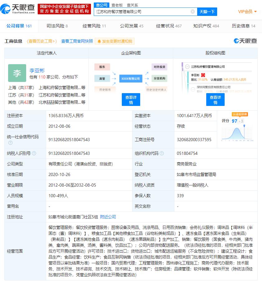 腾讯入股和府捞面 后者注册资本增加22.72%