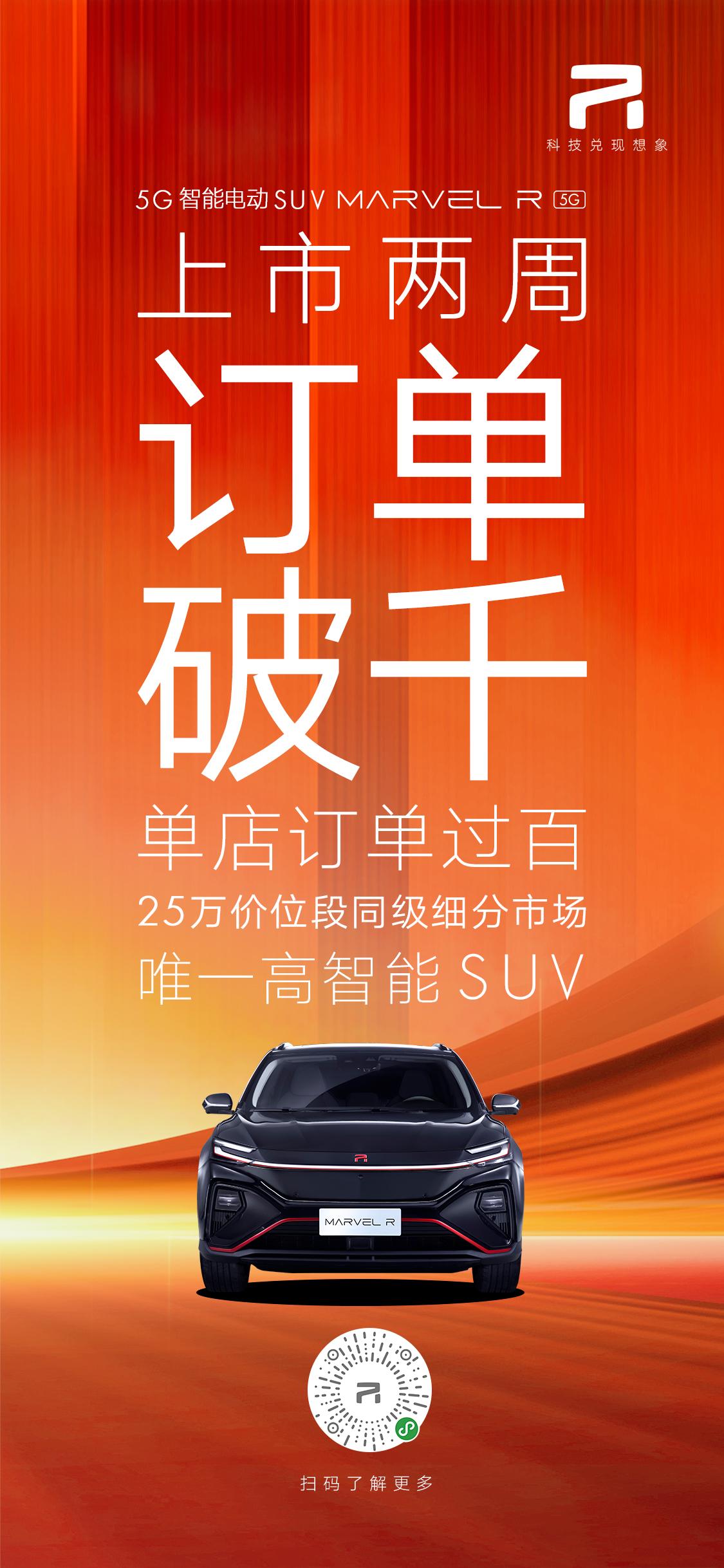 25万价位高智能SUV唯一选择 MARVEL R两周订单达1267张、单店最高订单过百