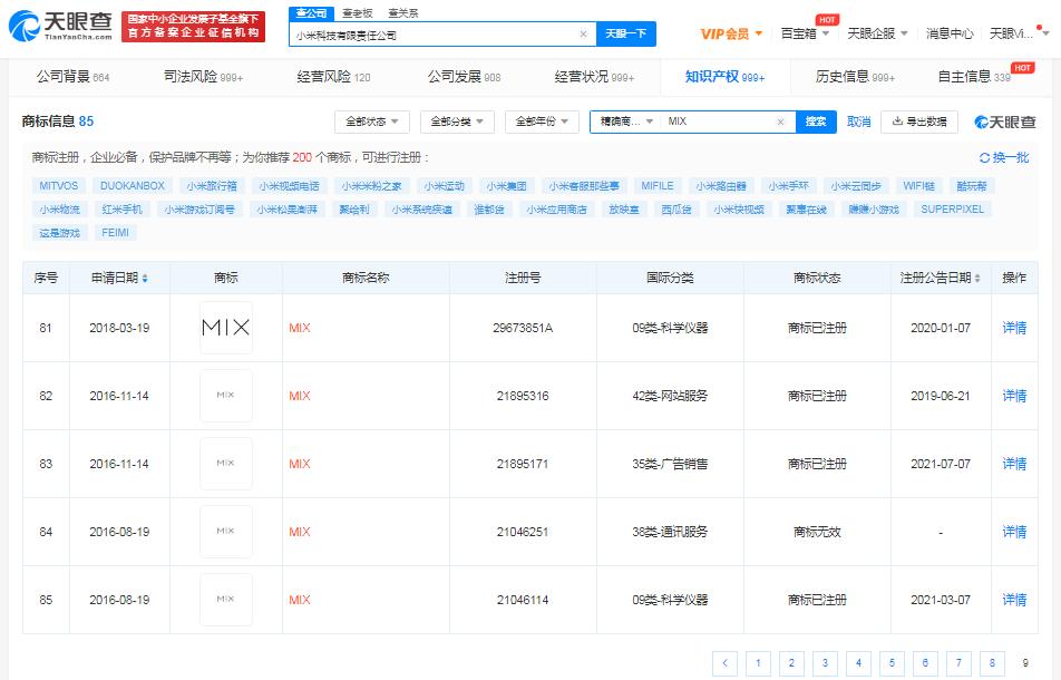 小米部分MIX商标被驳回