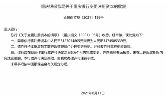 重庆银行获批变更注册资本至34.75亿元 2020年净利45.66亿元