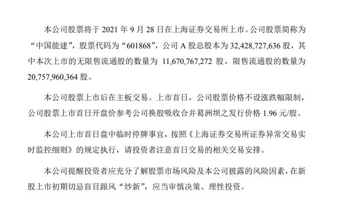 中国能建将于9月28日在上交所上市，股票代码“601868”，首日不设涨跌幅限制