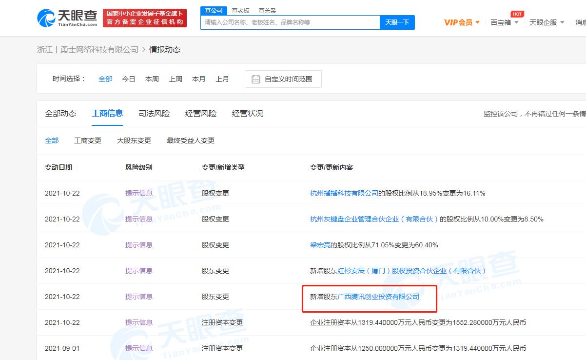 腾讯关联公司入股游戏研发公司十勇士