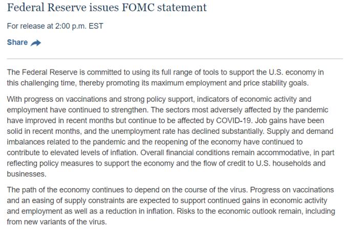 美联储FOMC决议：Taper速度翻倍 多委员预计明年加息三次