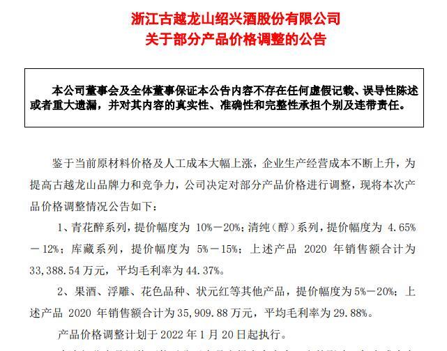 古越龙山23日发布公告决定对部分产品价格进行调整提价幅度5%—20%