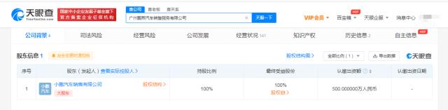 天眼查App显示小鹏汽车于广州成立新公司 注册资本500万