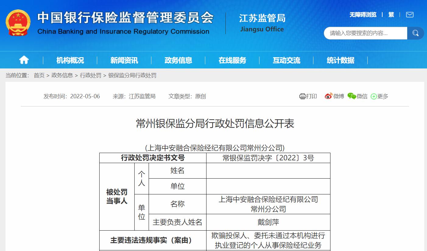 又骗人！上海中安融合保险经纪公司一分公司被罚