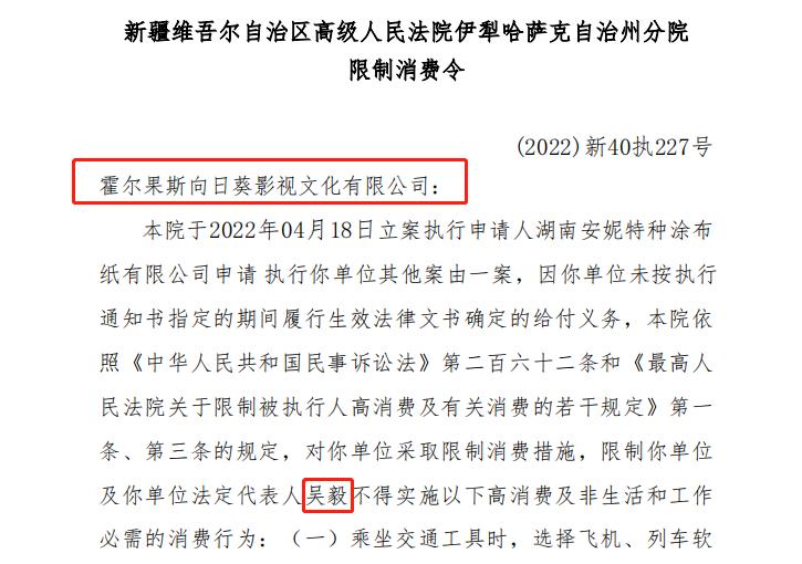 制片人吴毅被限制高消费 天眼查显示吴毅公司被执行7540万并限制消费