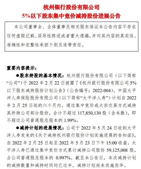 太平洋人寿减持杭州银行5912.5万股 减持计划尚未实施完毕