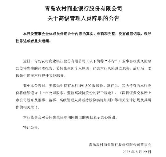 青岛农商行风险总监姜伟个人原因辞职，仍担任信贷管理部总经理