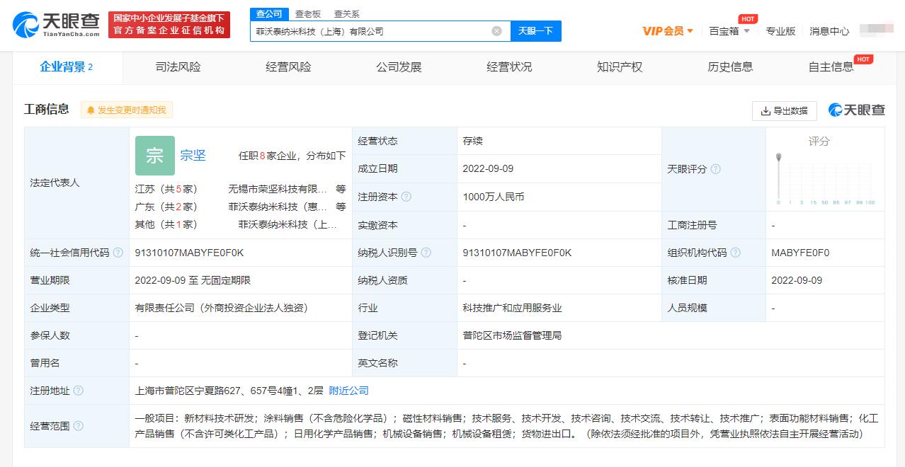 菲沃泰在上海成立纳米科技公司 经营范围含新材料技术研发