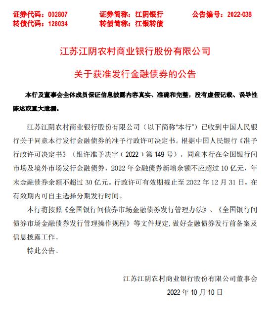  江阴银行获准发行金融债券 2022年新增余额不超10亿元