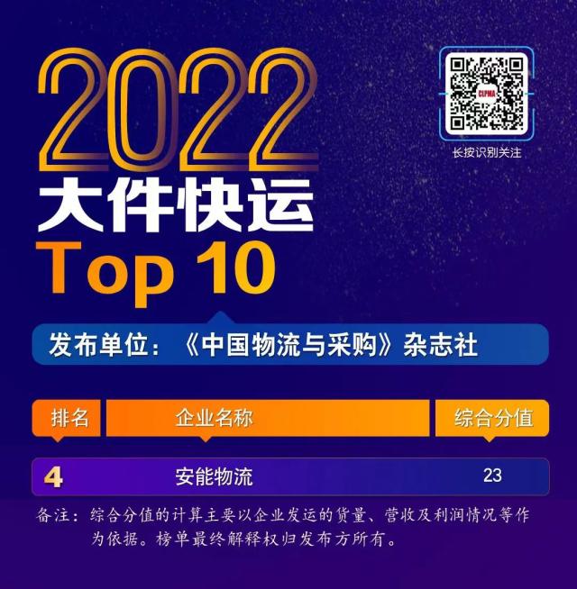 凯发AG：安能物流入围中国大件快运TOP10榜单(图1)