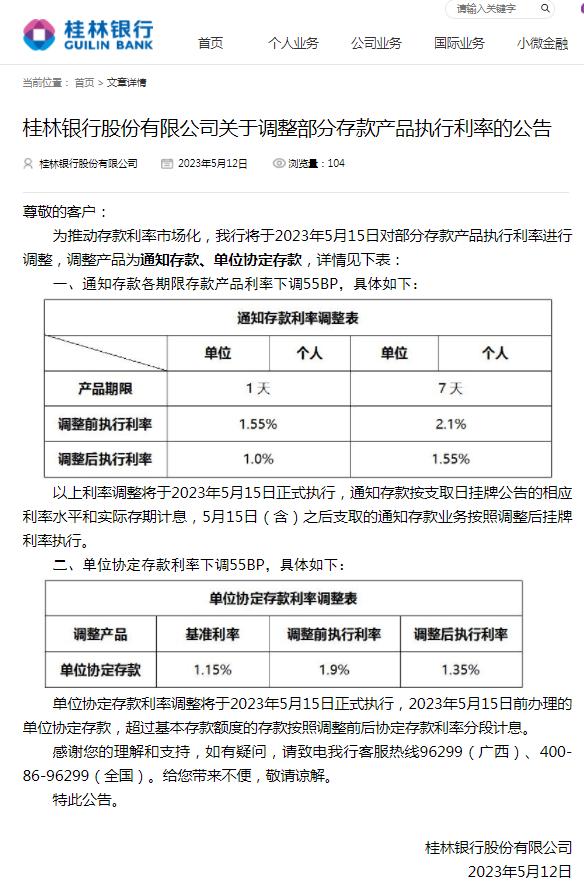 桂林银行：通知存款(kuǎn)、单位协定存款利率将下调55基点 5月15日起生效