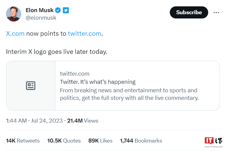 Twitter网址更改为X.com，临时X Logo今日启用