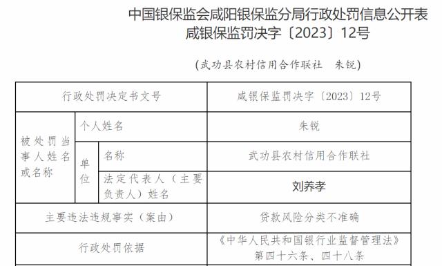 因贷款风险分类不准确案由，武功县农村信用合作联社被罚25万元