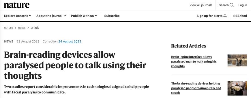 瘫痪人群的福音《自然》刊登脑机接口技术重大进展:“读心”速度和准确性前所未有
