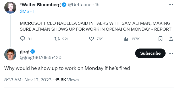 消息称微软CEO纳德拉已与Sam Altman交谈，确保其周一回归OpenAI