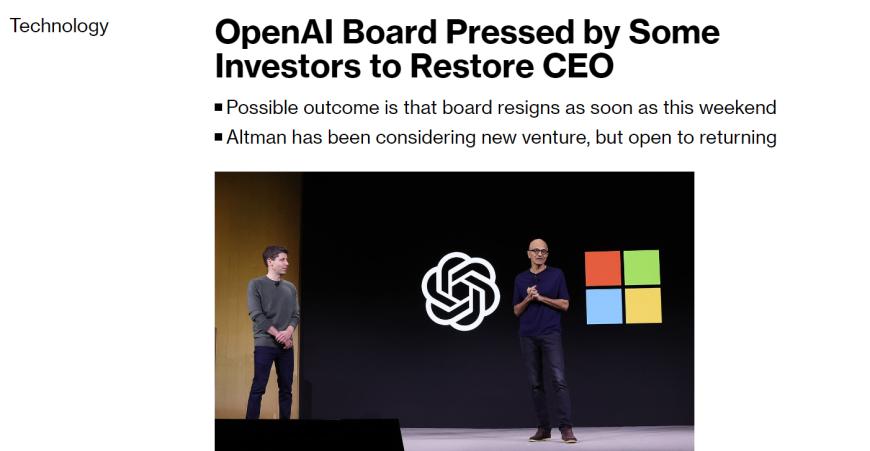 消息称微软CEO纳德拉已与Sam Altman交谈，确保其周一回归OpenAI
