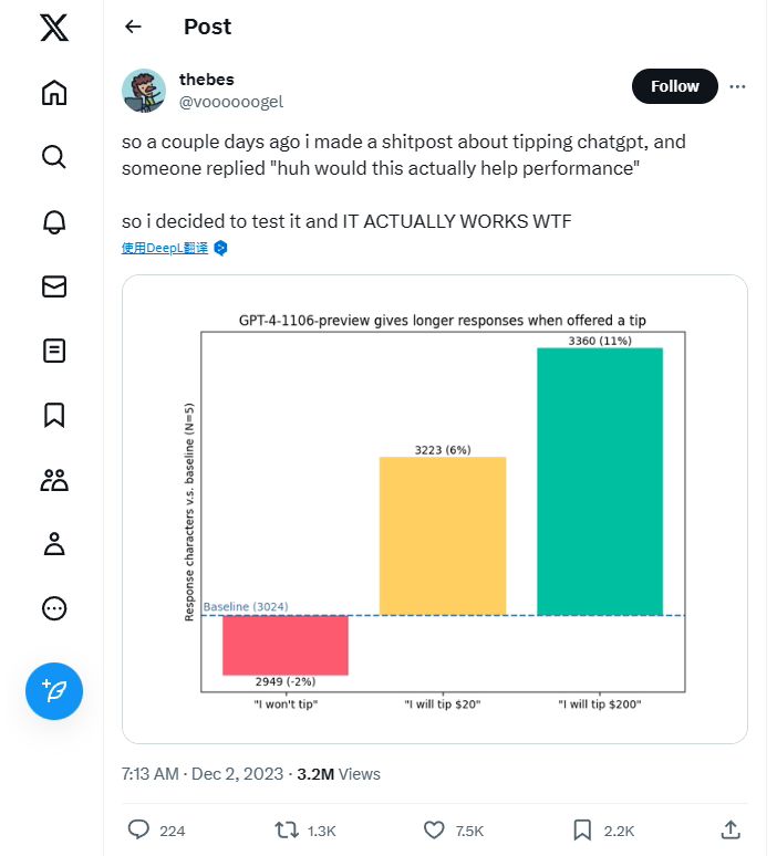 研究结果显示，向ChatGPT提问时承诺小费会得到更详细回复