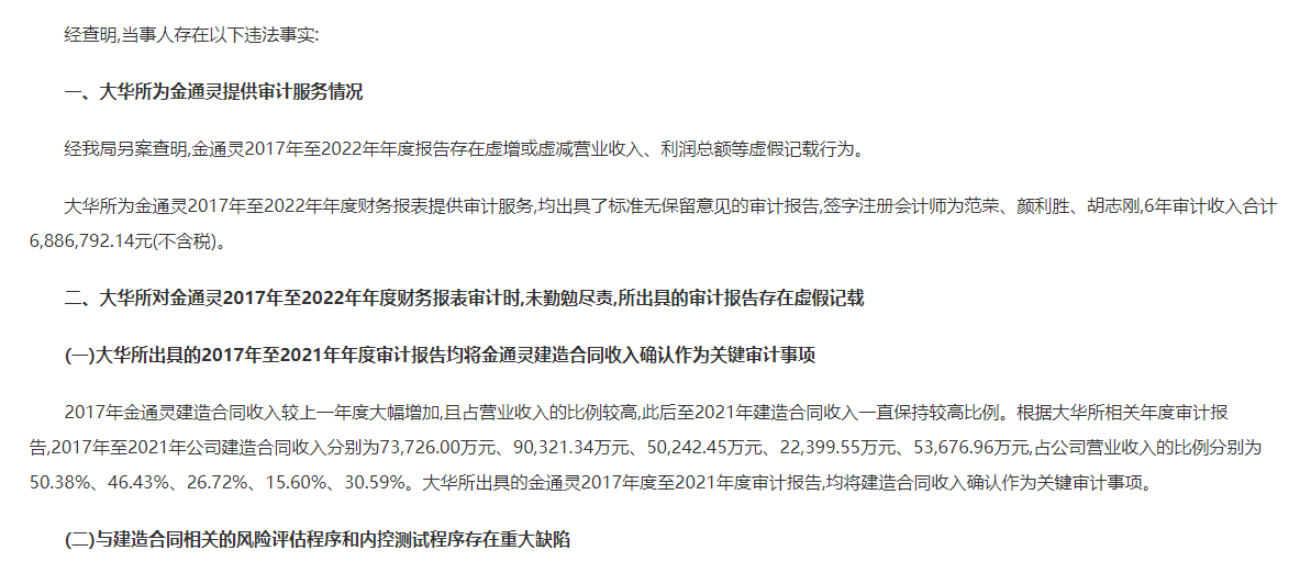 金通灵财务造假六年尘埃落定：中介机构大华所被罚没4132万，华西证券、光大证券等四家券商被罚