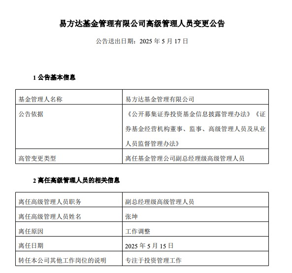 卸任易方达副总，张坤“减负”