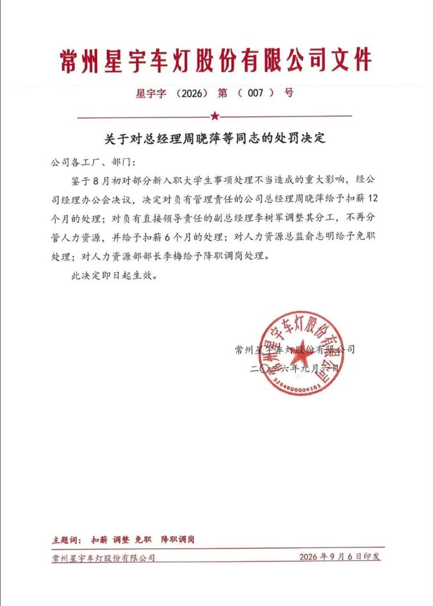 独家|星宇内部通报处罚管理层,周晓萍被扣薪12个月