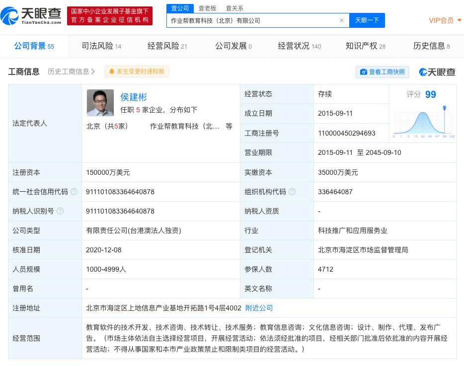 工商变更：作业帮注册资本增至15亿美元，增幅为