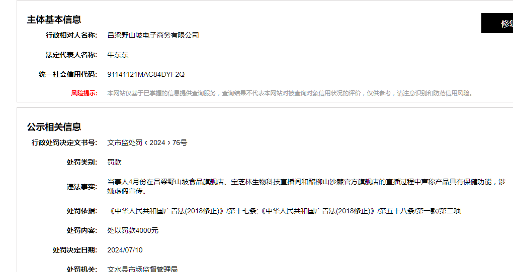 吕梁野山坡电子商务有限公司被罚款 4000 元