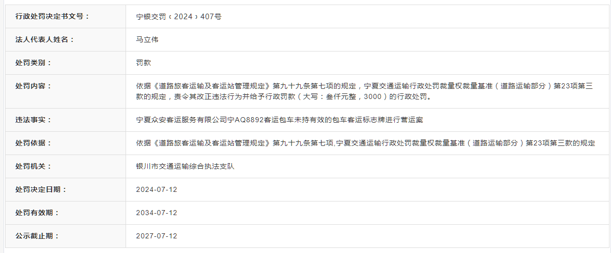 宁夏众安客运服务有限公司被罚款3000元