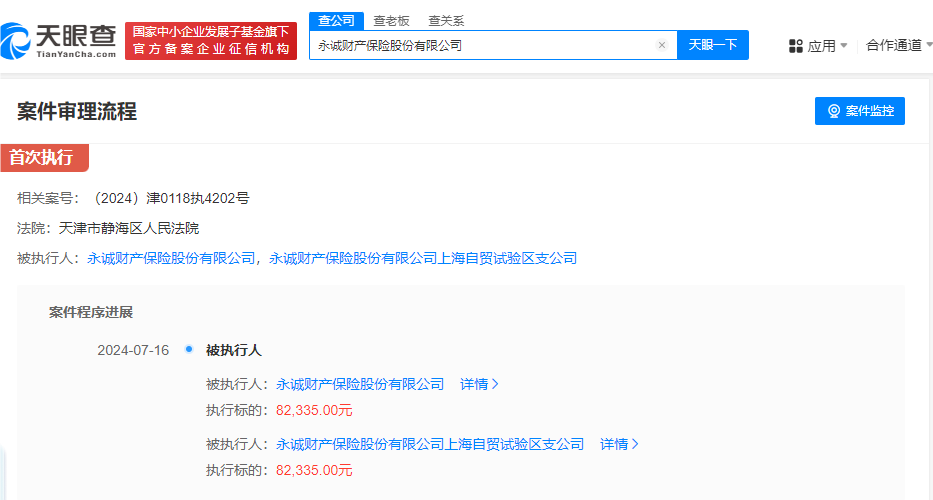 永诚保险被法院执行82335元 2024年上半年200场被告官司遍及15省市