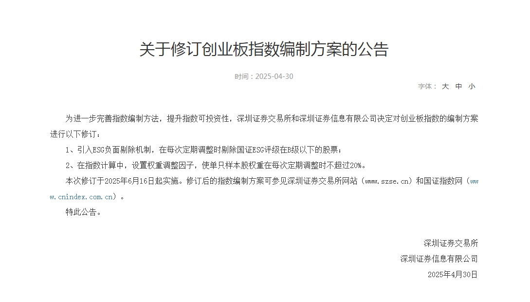 深交所修订创业板指数编制方案：设置权重调整因子，使单只样本股权重在每次定期调整时不超过20%